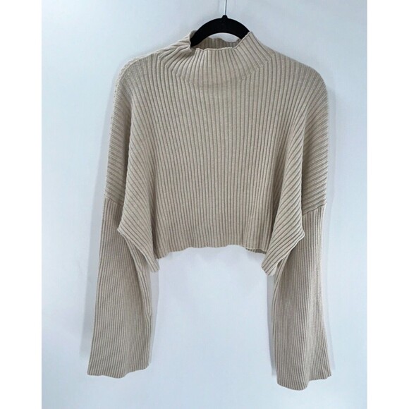Olivaceous Sweaters - Women's Olivaceous Beige Ribbed Bell Sleeve Cropped Ovbersized Sweater Size M